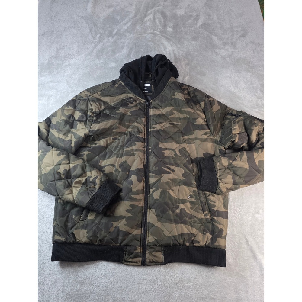 Carbon Bomber Jacket Mens XXL Green Camo Quilted Hooded Full Zip Utility Coat